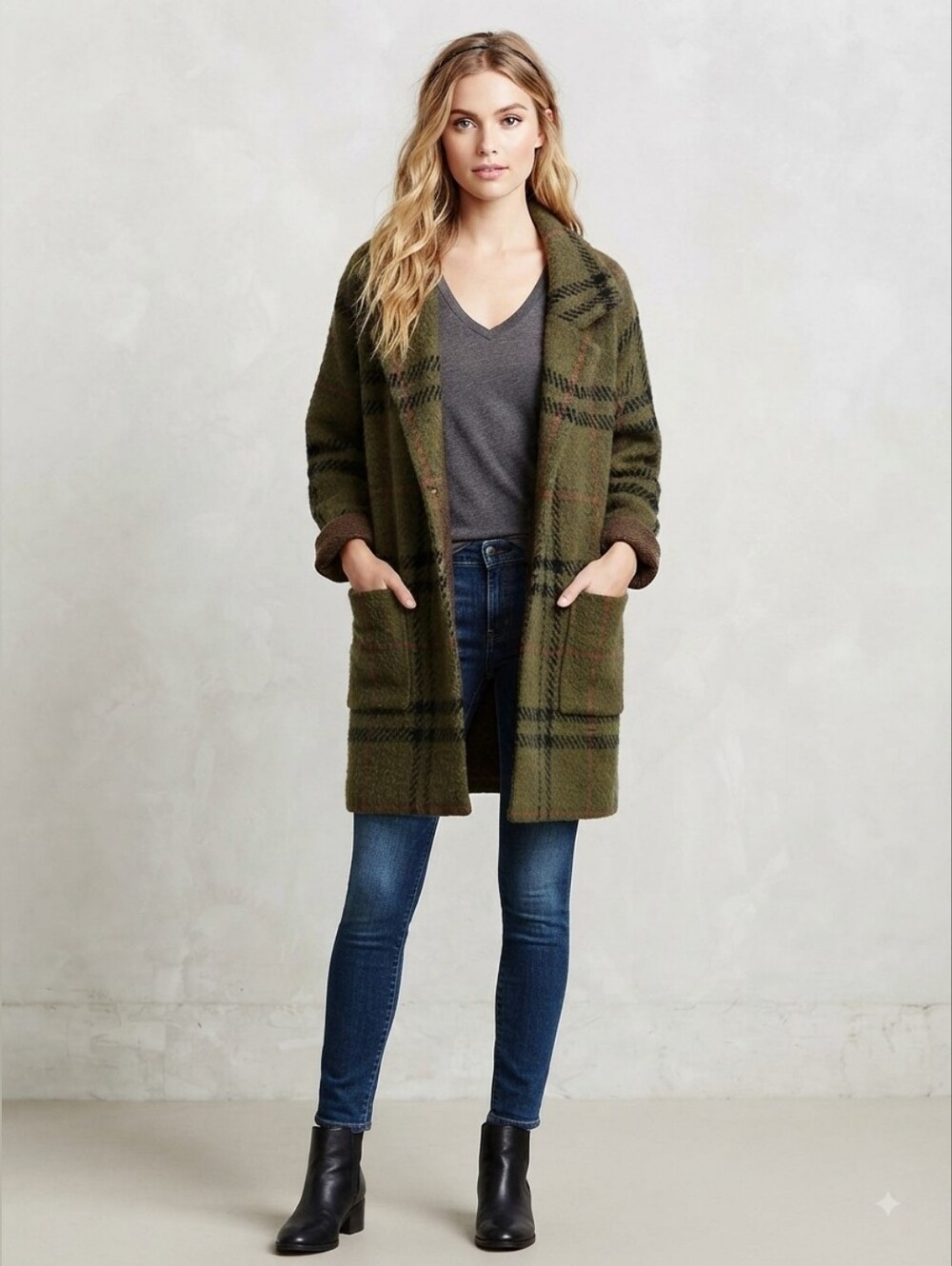 One World Live and Let Live Green Plaid Open Front Coat XL